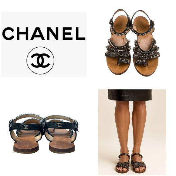 Chanel Chain CC Gladiator Sandals Black Size 39.5 $1025 - Picture 1 of 12